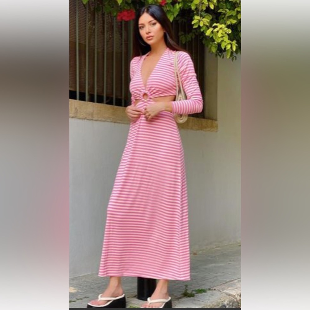 AFRM Harlee Cutout Waist Long Sleeve Dress in Pink Stripe Size Small